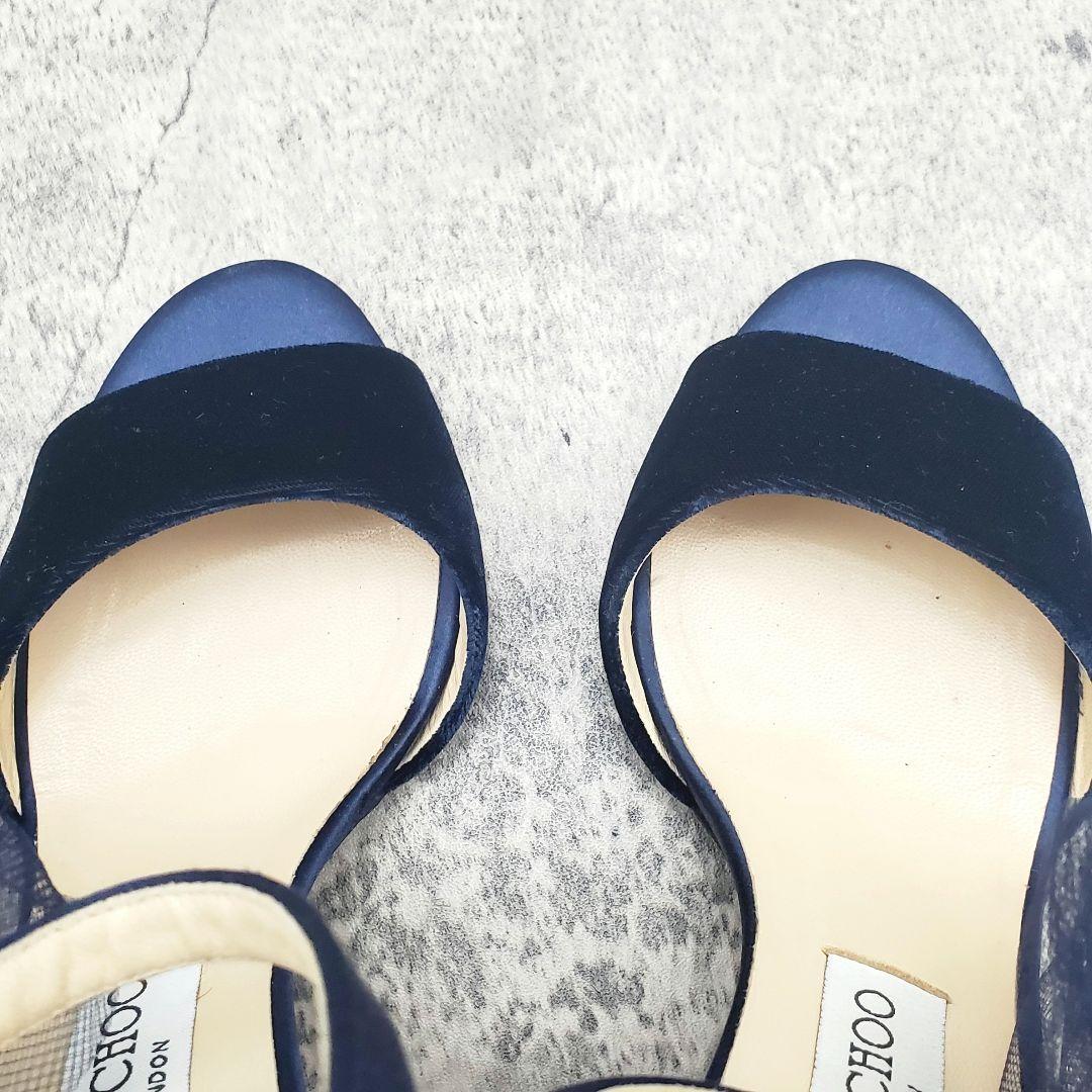 高級感✨ジミーチュウ ベルベットサンダル 37 ネイビー チュールリボン