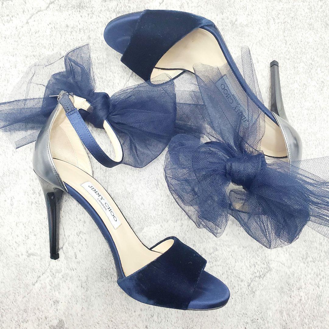 高級感✨ジミーチュウ ベルベットサンダル 37 ネイビー チュールリボン