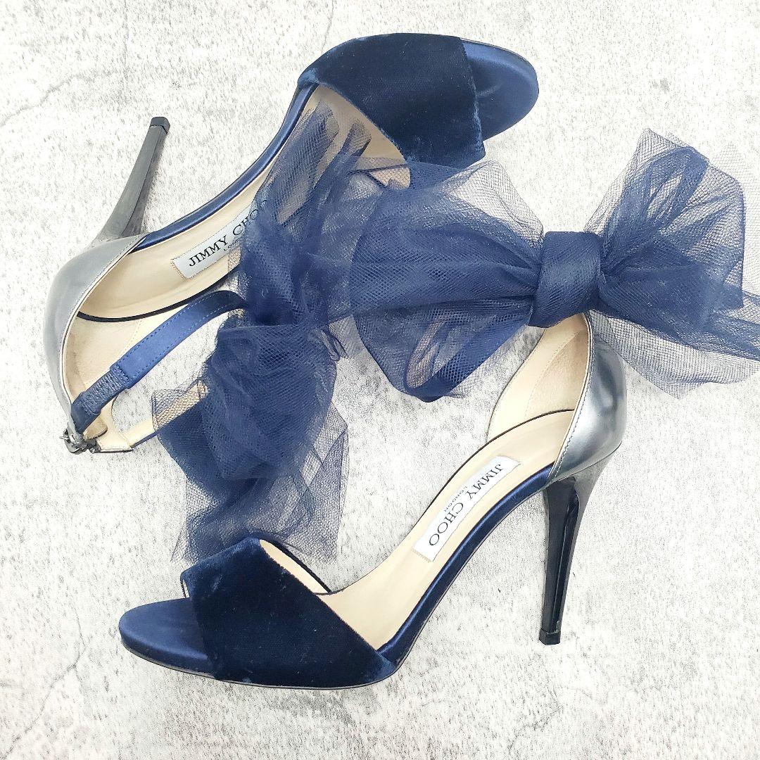 高級感✨ジミーチュウ ベルベットサンダル 37 ネイビー チュールリボン