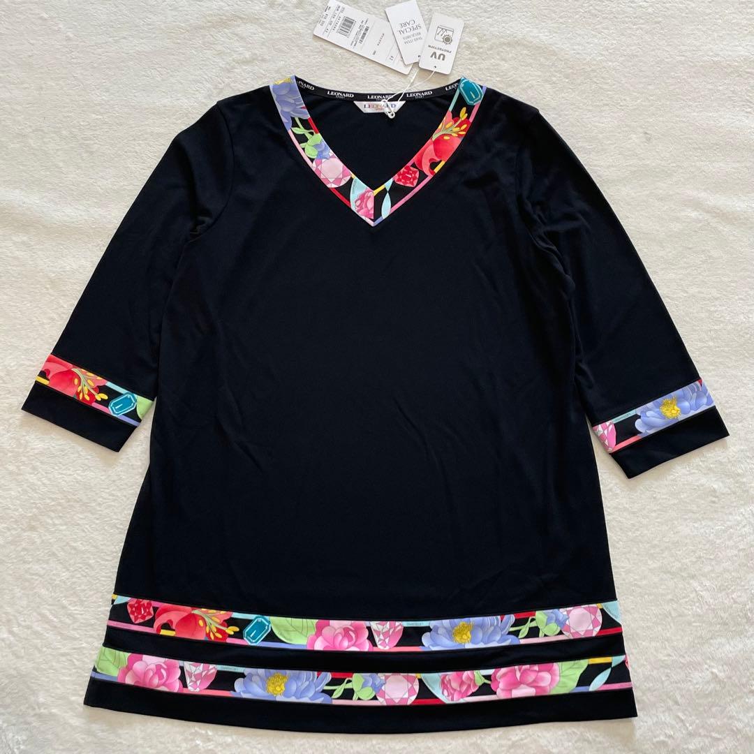タグ付　レオナール　チュニック　花柄　トリム　七分袖　UVカット　ブラック　XL