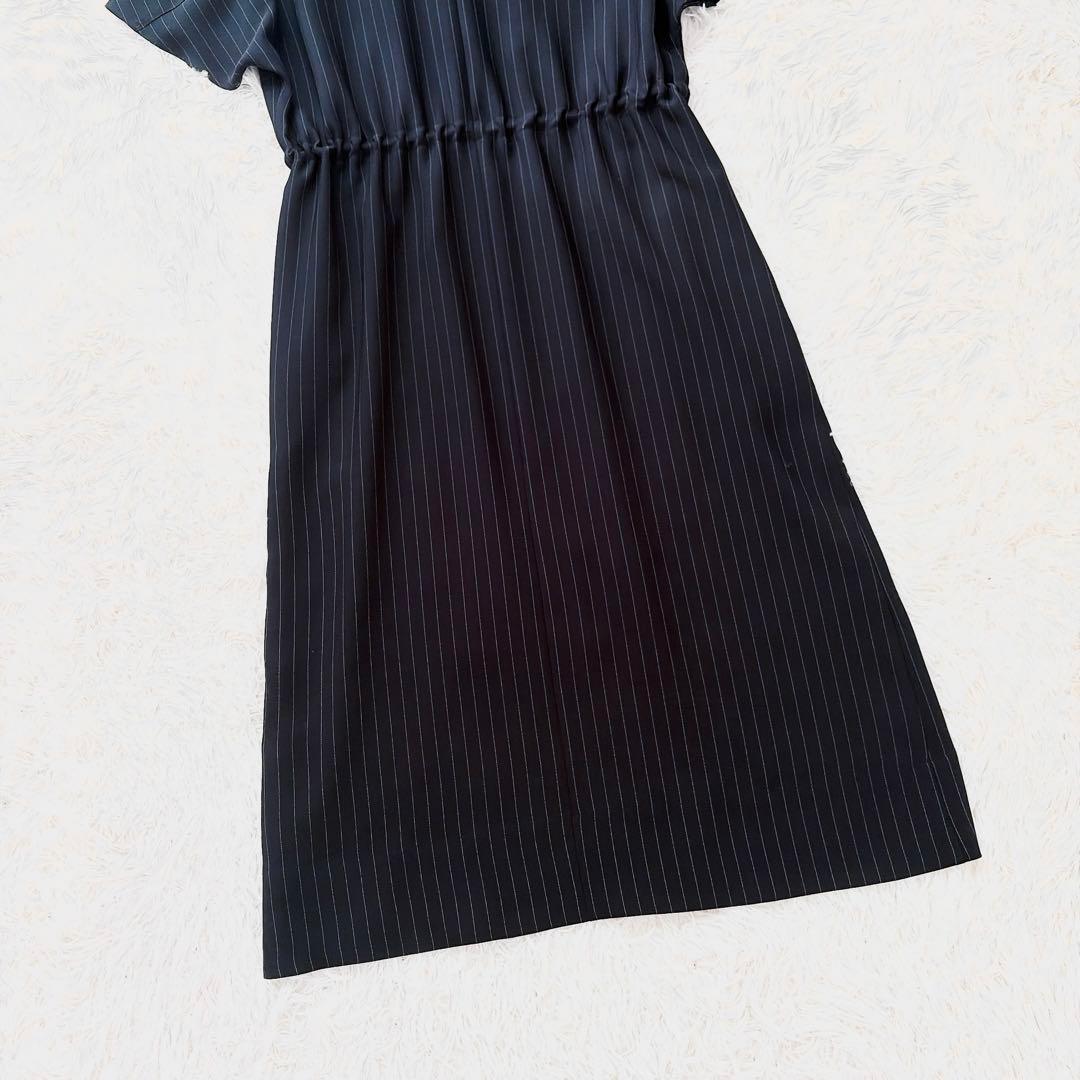 SOEJU ソージュ　ストライプシャツワンピース　ギャザー　ブラック　フレア