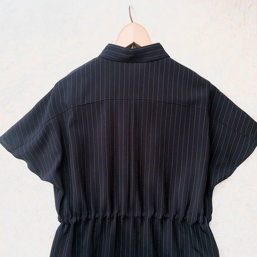 SOEJU ソージュ　ストライプシャツワンピース　ギャザー　ブラック　フレア
