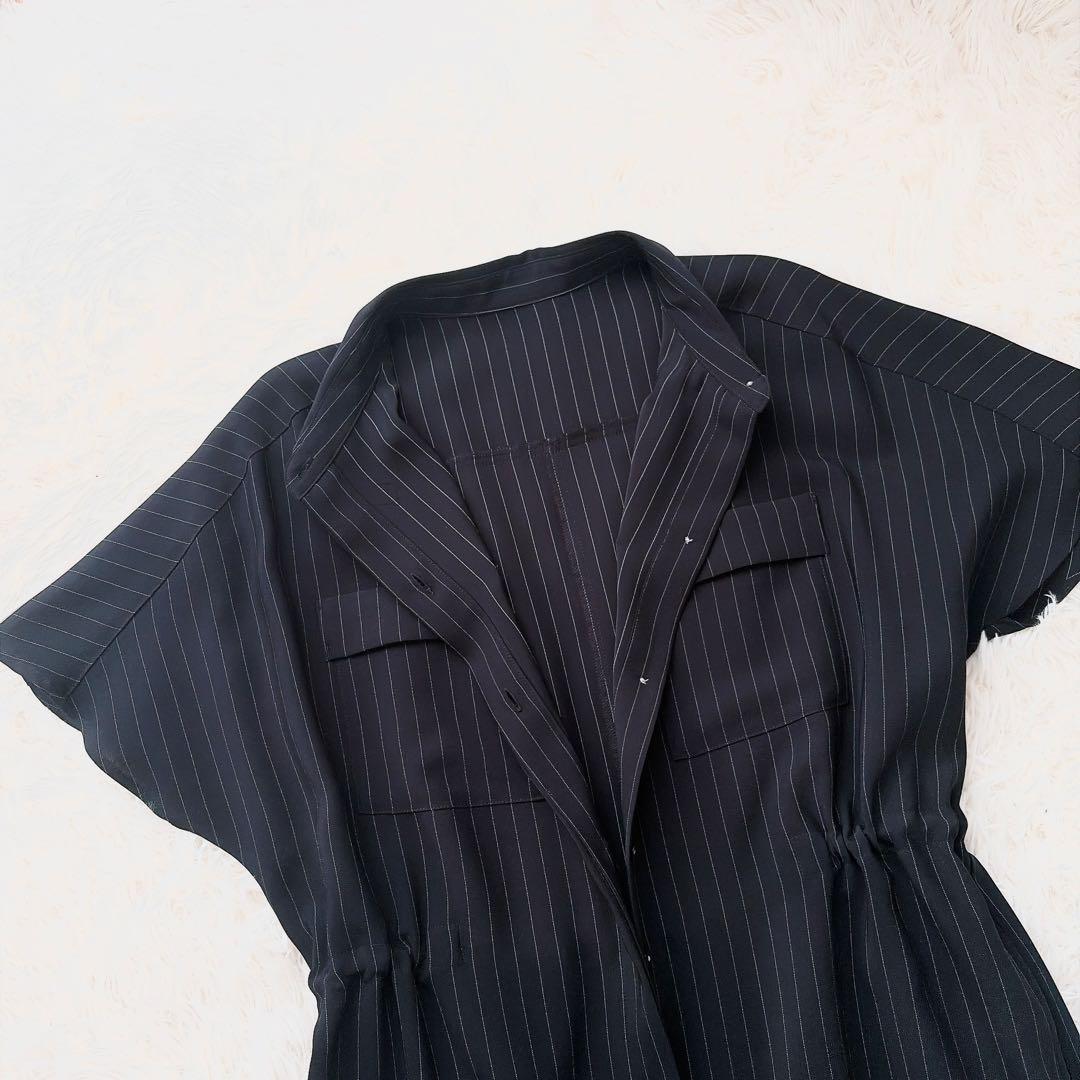 SOEJU ソージュ　ストライプシャツワンピース　ギャザー　ブラック　フレア