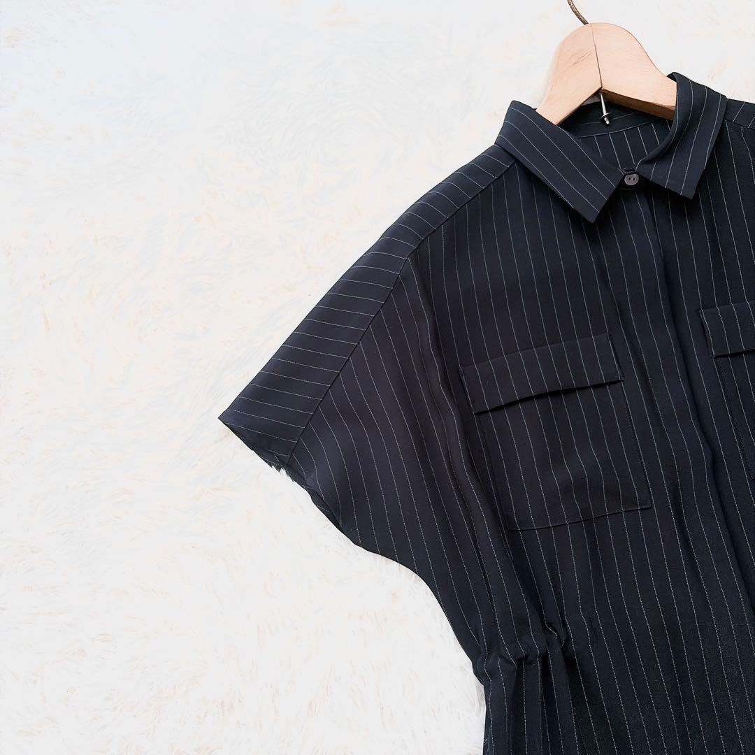 SOEJU ソージュ　ストライプシャツワンピース　ギャザー　ブラック　フレア