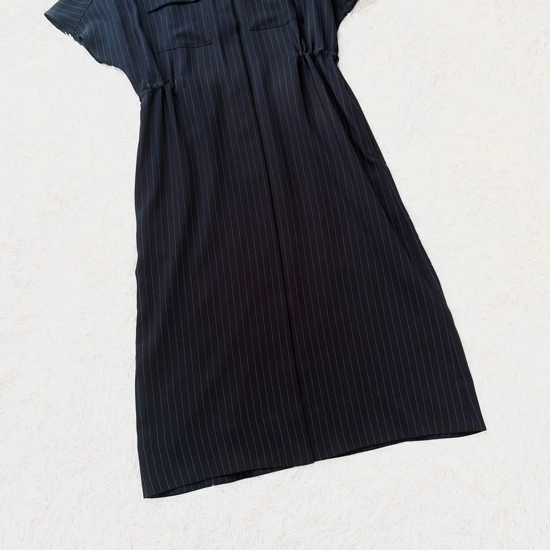 SOEJU ソージュ　ストライプシャツワンピース　ギャザー　ブラック　フレア