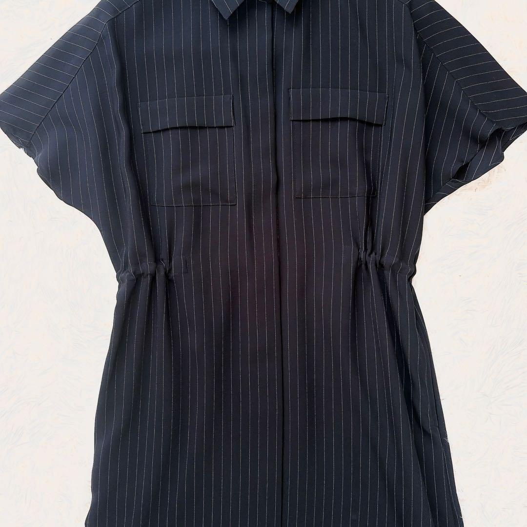 SOEJU ソージュ　ストライプシャツワンピース　ギャザー　ブラック　フレア