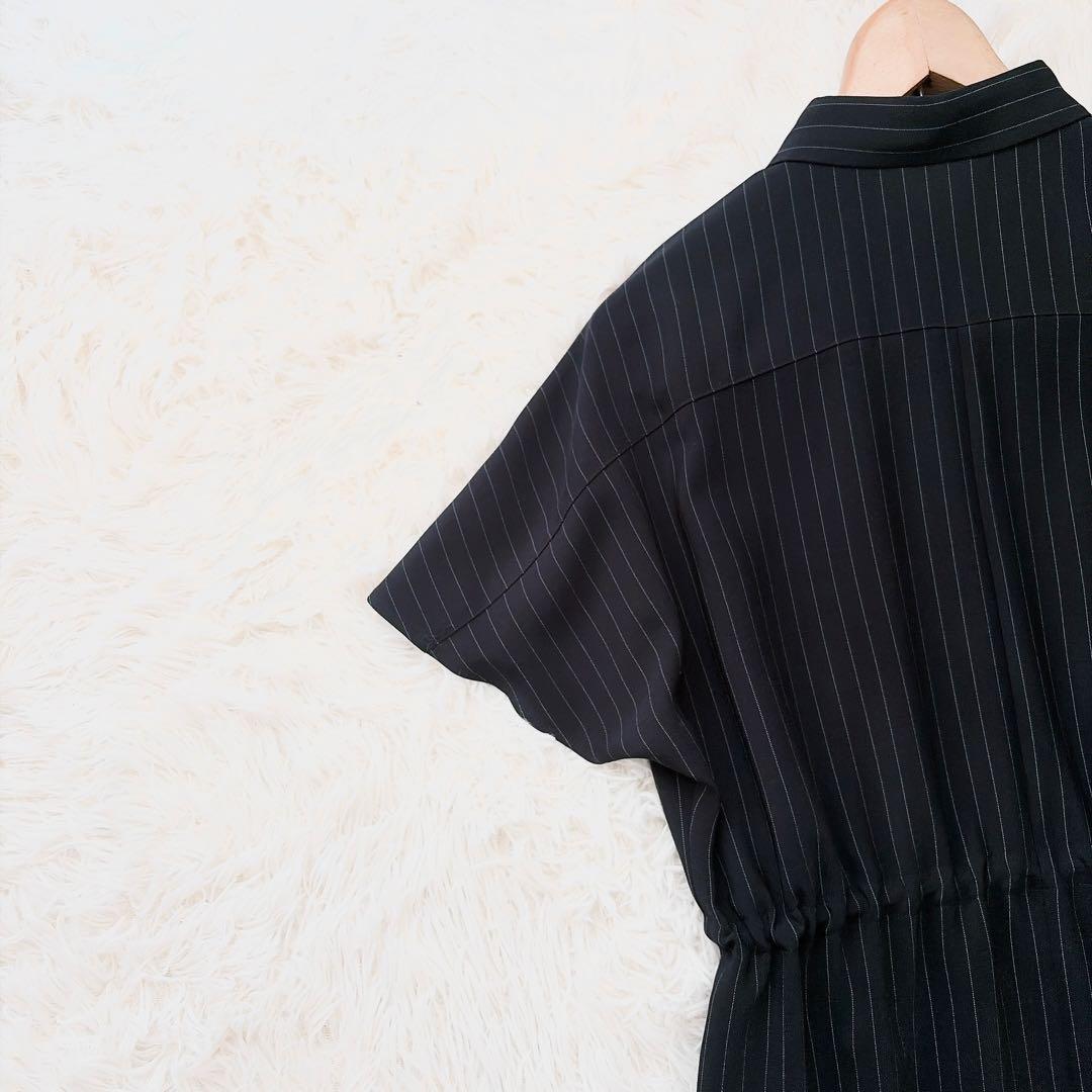 SOEJU ソージュ　ストライプシャツワンピース　ギャザー　ブラック　フレア