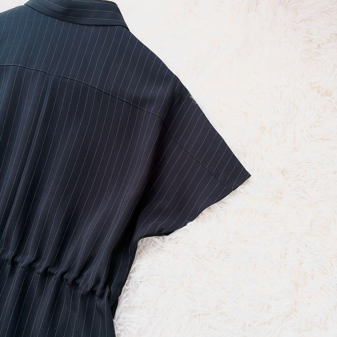 SOEJU ソージュ　ストライプシャツワンピース　ギャザー　ブラック　フレア