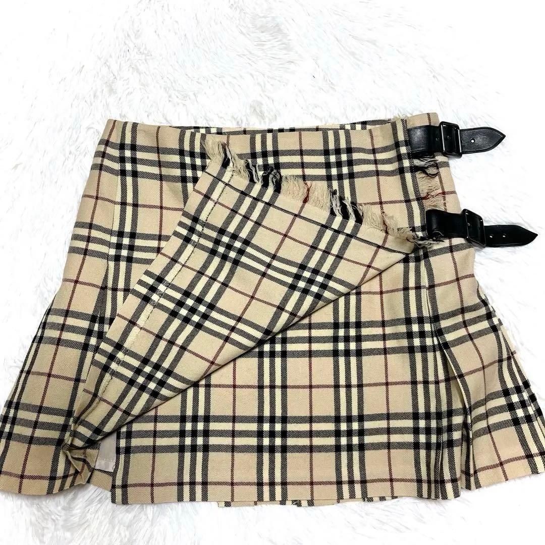 美品 バーバリー ベルト プリーツ 巻き ミニスカート チェック ベージュ