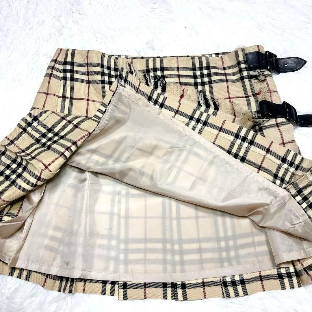 美品 バーバリー ベルト プリーツ 巻き ミニスカート チェック ベージュ