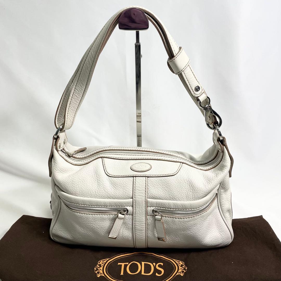 トッズ アクセサリーポーチ レザー ロゴ 型押し 多機能 大容量 手さげ 白