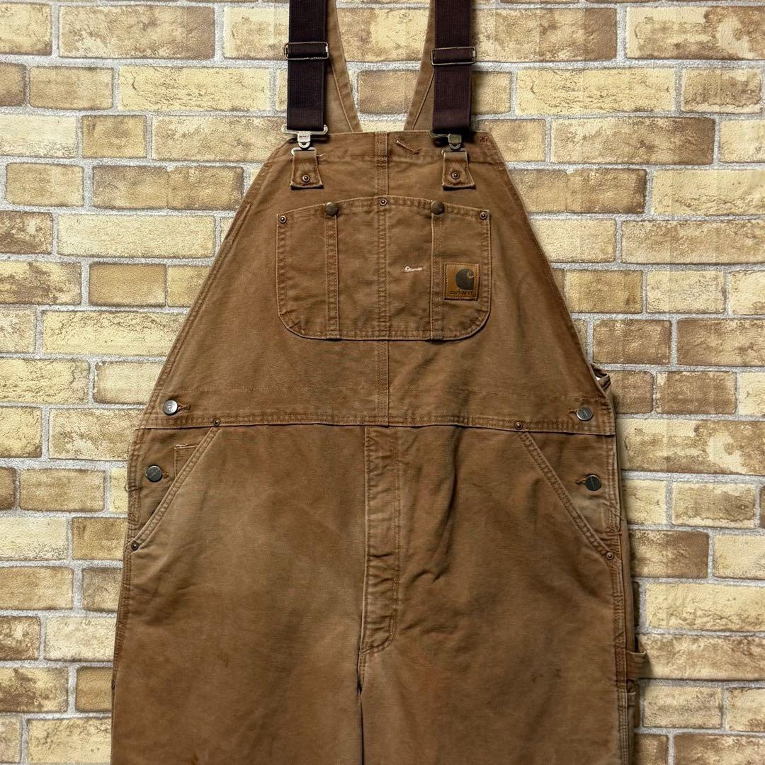 カーハートUSA製　ダック地オーバーオール　ダブルニー　ダークブラウン42/30