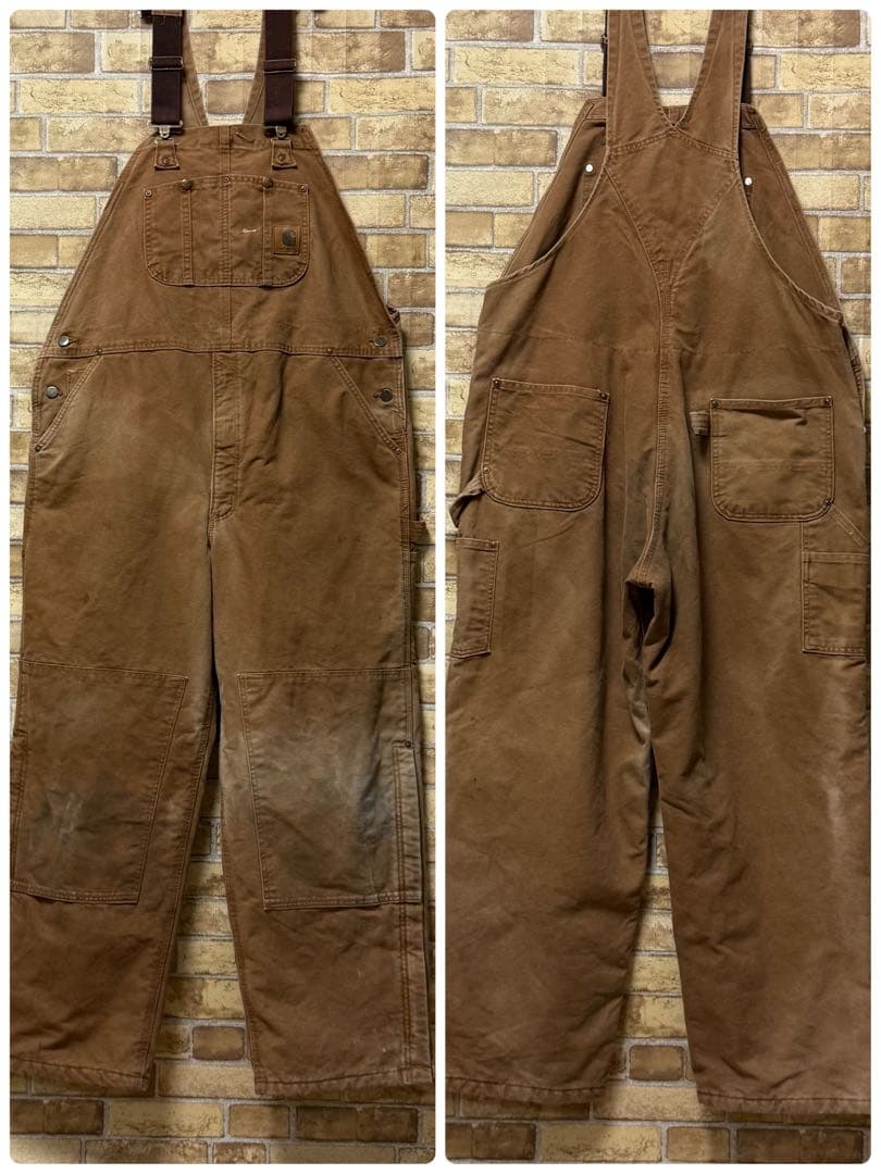 カーハートUSA製　ダック地オーバーオール　ダブルニー　ダークブラウン42/30