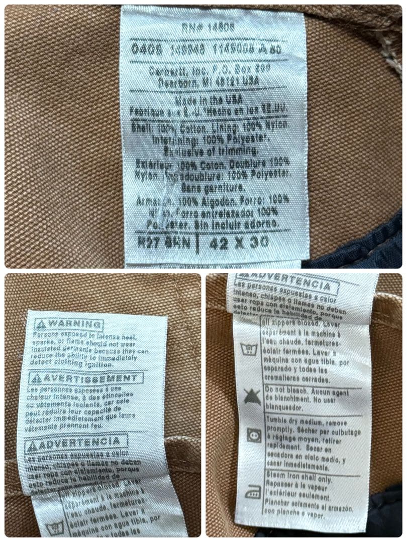 カーハートUSA製　ダック地オーバーオール　ダブルニー　ダークブラウン42/30