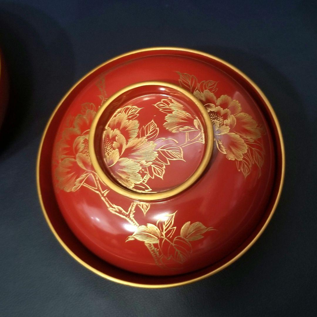 輪島塗 吸物椀 朱塗 沈金牡丹花文 吸物椀 煮物椀 懐石椀 2客