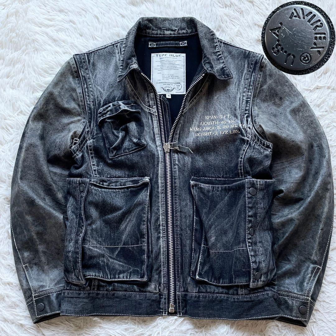 美品 AVIREX ホースハイド 2way 袖レザー 切替 デニムジャケット 黒