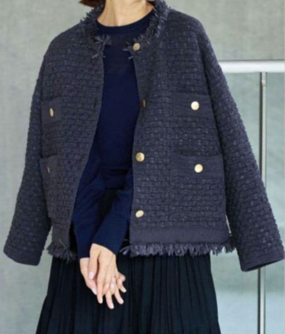 IENA　ツイードニットジャケット ノーカラー 金ボタン