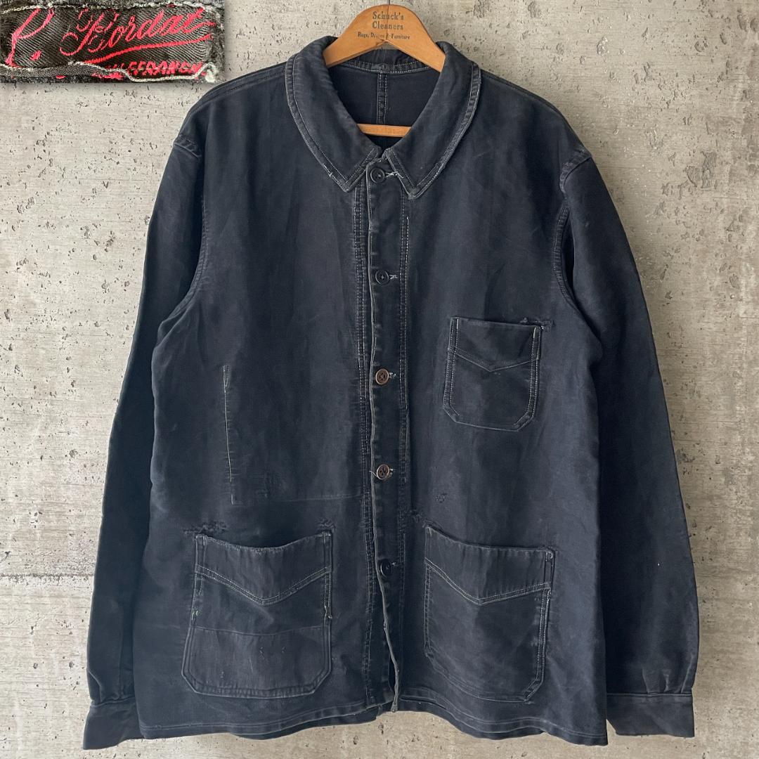 40s ブラックモールスキン ジャケット フランスヴィンテージ Vポケ 赤刺繍