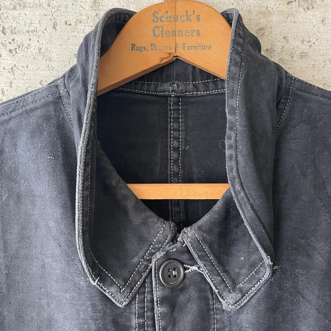 40s ブラックモールスキン ジャケット フランスヴィンテージ Vポケ 赤刺繍