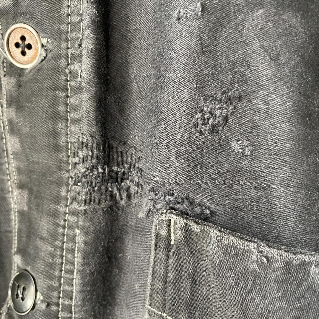 40s ブラックモールスキン ジャケット フランスヴィンテージ Vポケ 赤刺繍