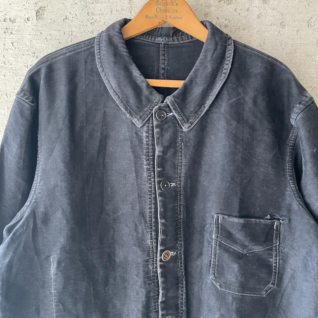 40s ブラックモールスキン ジャケット フランスヴィンテージ Vポケ 赤刺繍