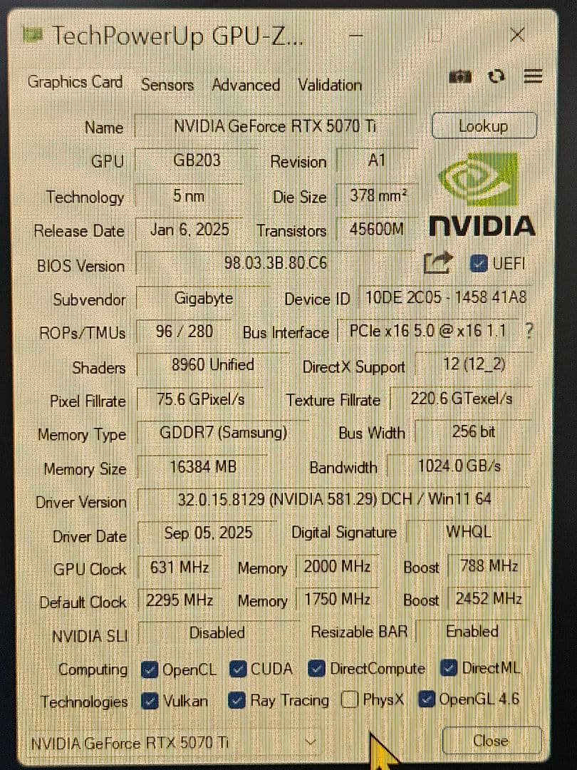 保証レシート有　GIGABYTE GEFORCE RTX 5070 Ti