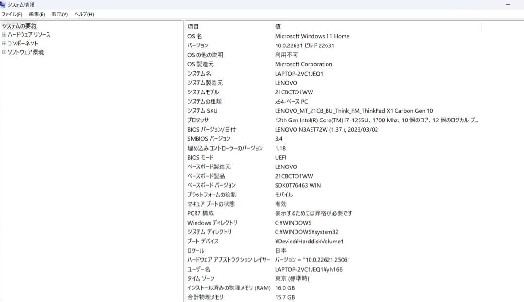 ThinkPad X1 Carbon Gen 10 ストレージ256GB