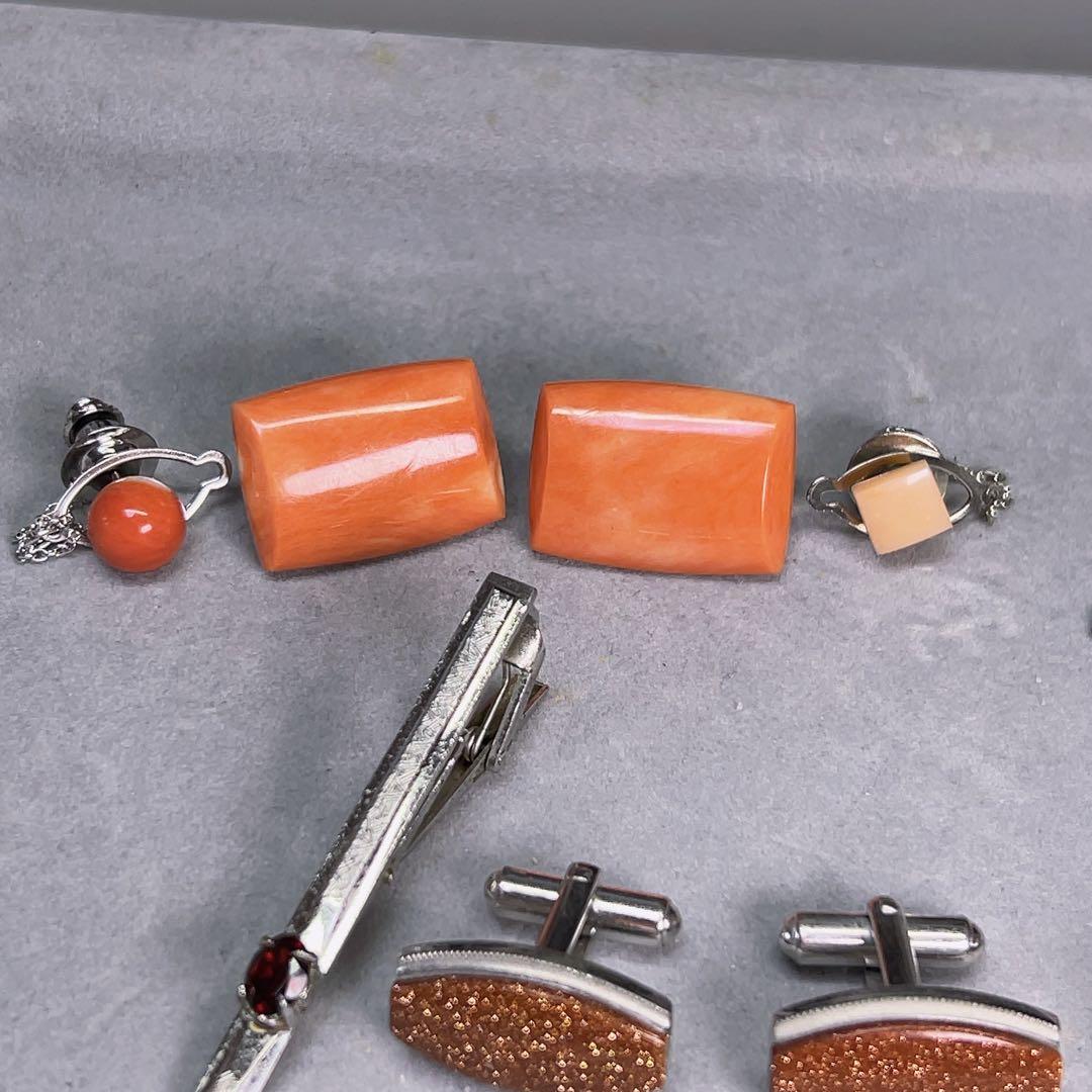 薔*薇様 豪華 珊瑚 ネクタイピン カフス セット 銀製 刻印 赤珊瑚 金石 紳