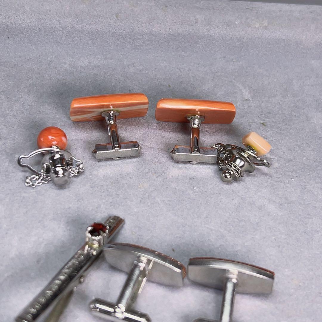 薔*薇様 豪華 珊瑚 ネクタイピン カフス セット 銀製 刻印 赤珊瑚 金石 紳