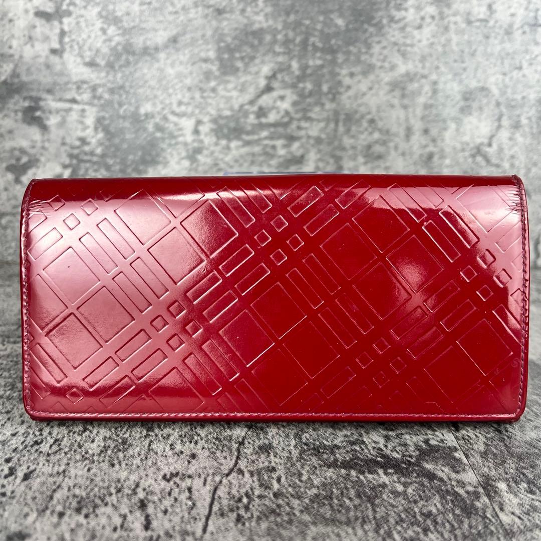 BURBERRY パテントレザー 型押し 二つ折り長財布 レッド