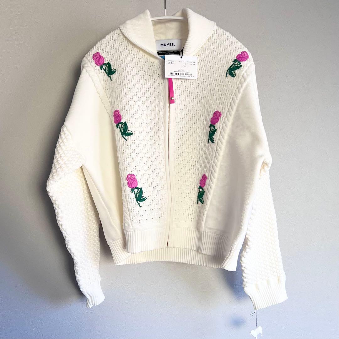 MUVEIL ローズカウチンカーディガン 白 38