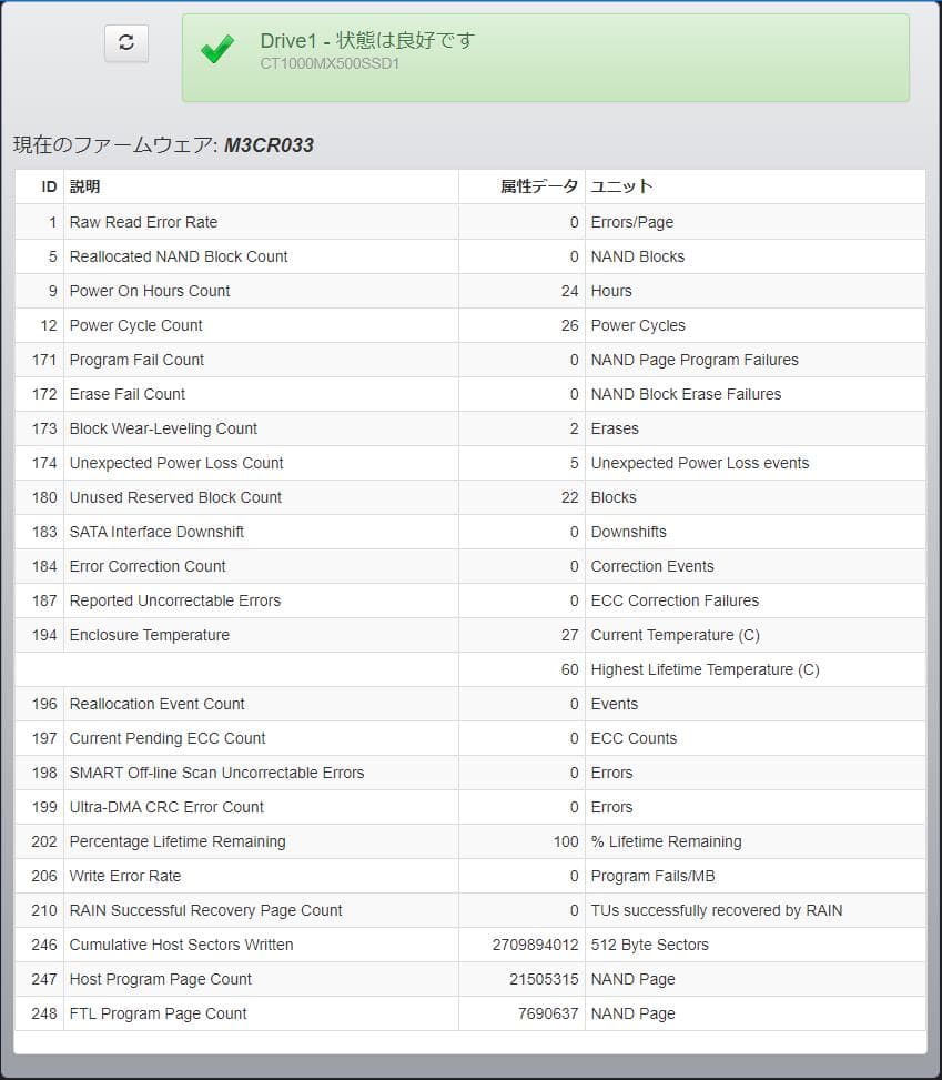 クルーシャルSSD　1000G　中古品【極上・稼働24時間・国内正規品】