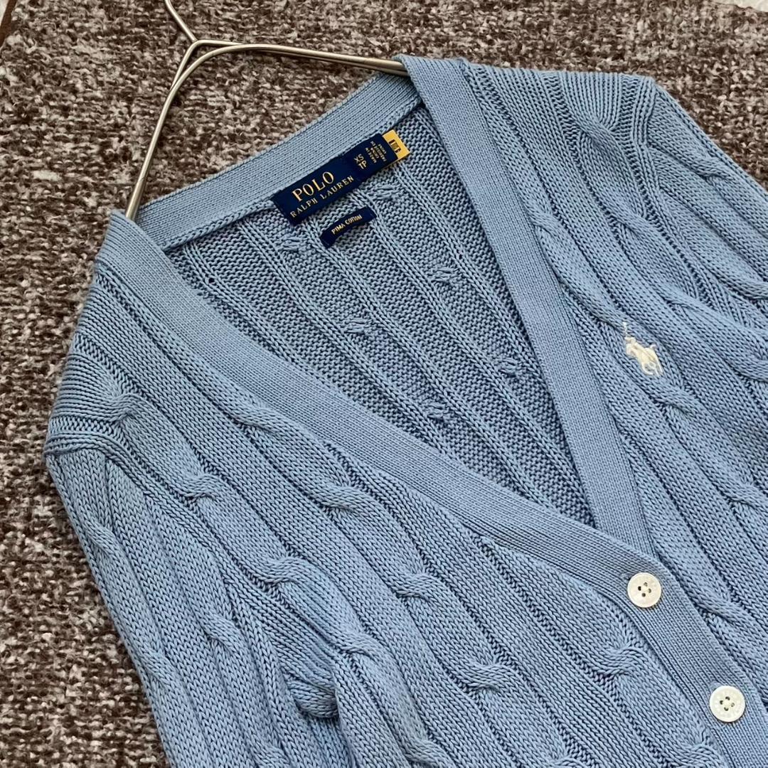 極美品✨ポロラルフローレン カーディガン ポニー刺繍 ケーブルニット 水色 現行