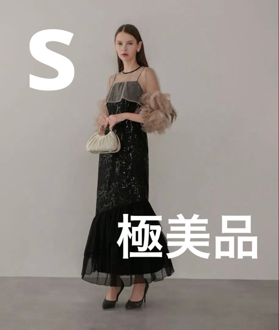 フラワースパンコールチュールフリルスリーブIラインワンピースドレス2点セット