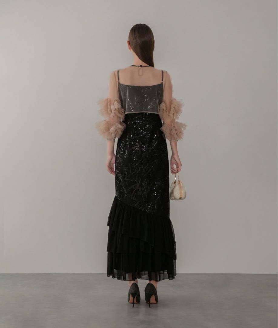 フラワースパンコールチュールフリルスリーブIラインワンピースドレス2点セット