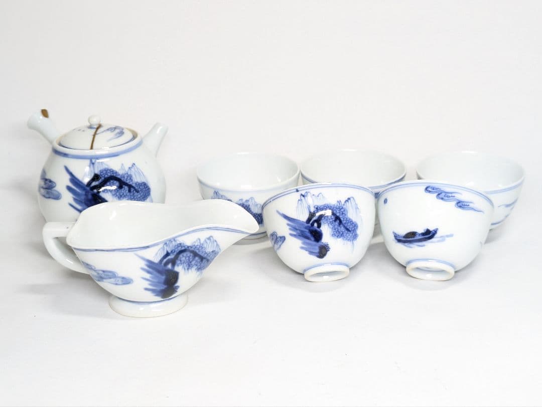 A*A様 三浦竹泉 作 染付 山水文 煎茶器(煎茶碗 五客・急須・湯冷まし)