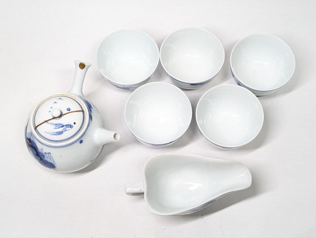 A*A様 三浦竹泉 作 染付 山水文 煎茶器(煎茶碗 五客・急須・湯冷まし)