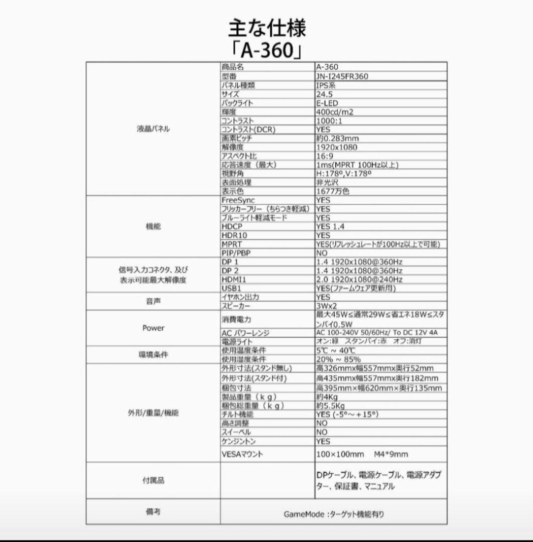 360hz ゲーミングモニター japannext(箱 説明書 無し)