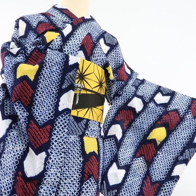 Y1192◆美品 綿 有松鳴海絞り 洗える夏着物 居敷当て付 高級浴衣 着物