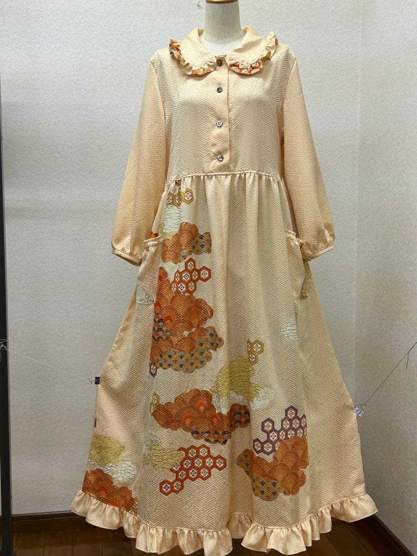 着物リメイク　ワンピース前ボタン　 Lサイズ