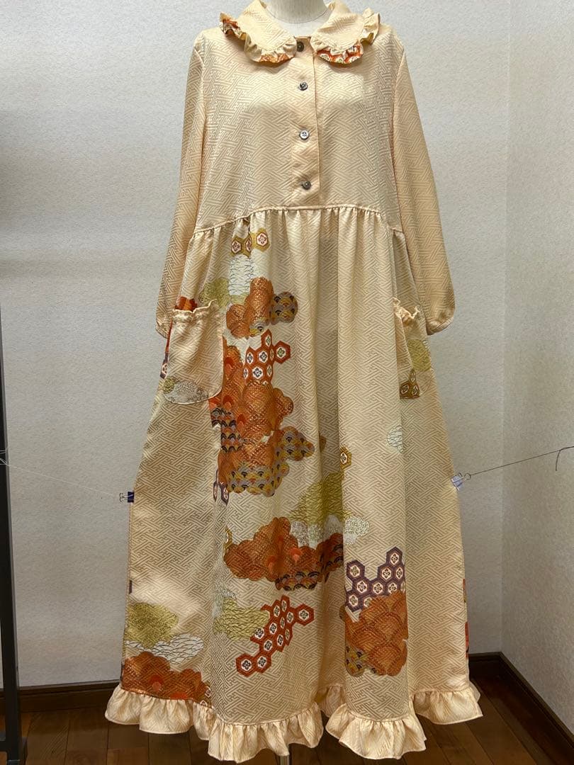 着物リメイク　ワンピース前ボタン　 Lサイズ