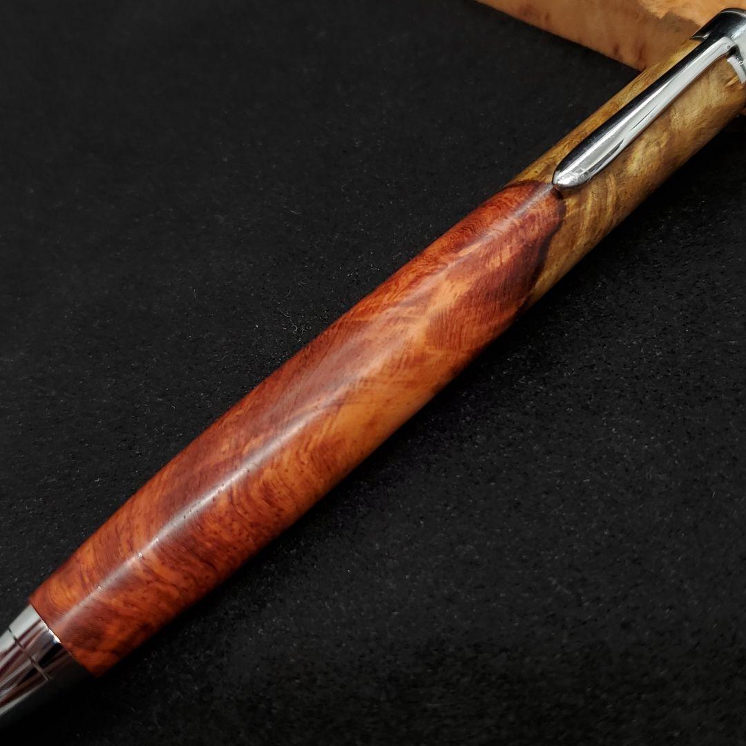 ⑮Bハンドメイド木軸シャーペン花梨瘤紅白赤濃いめ