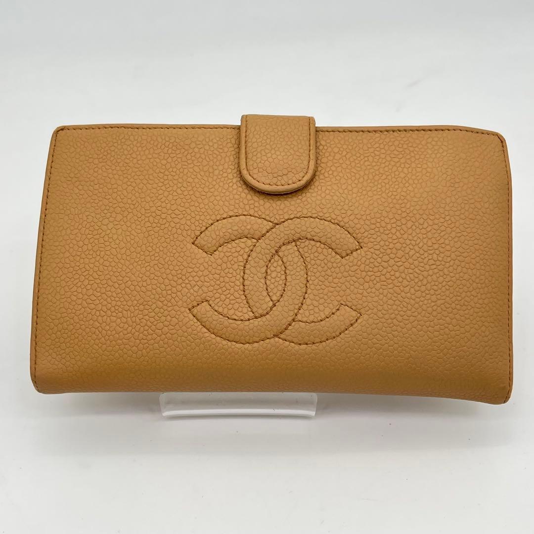 CHANEL 長財布 フラップ ココマーク キャビアスキン がま口 ベージュ