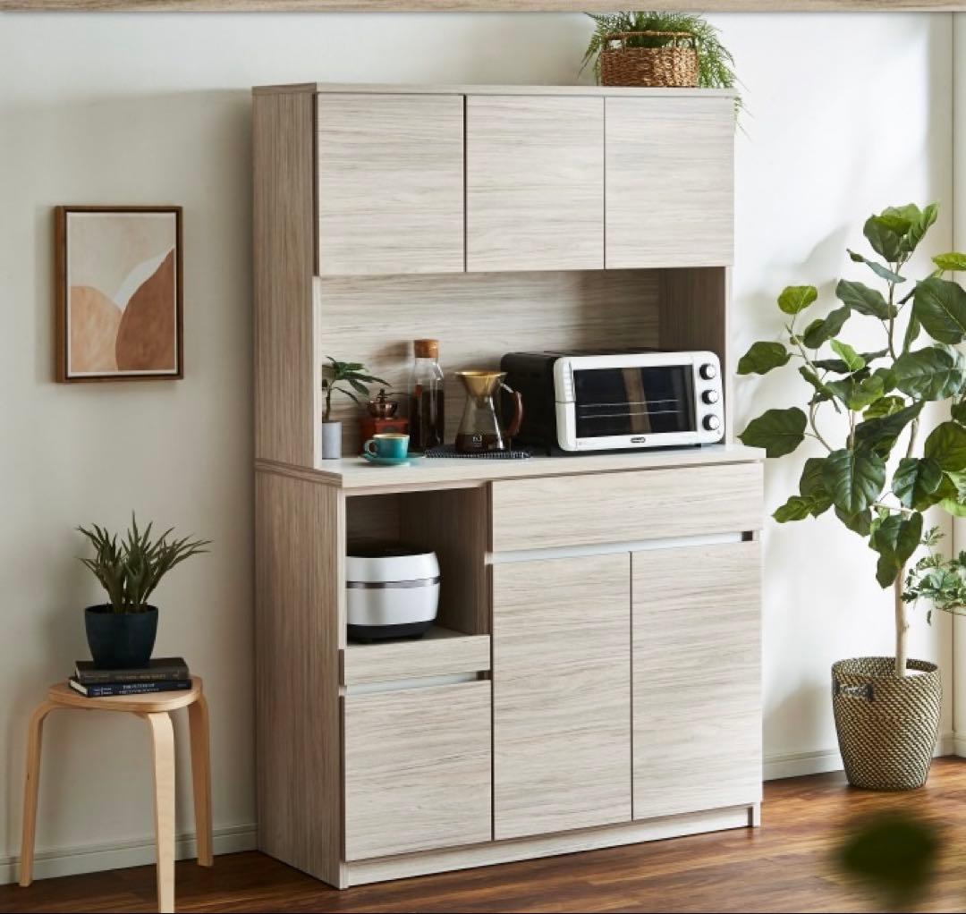 超美品 国産大川家具 キッチンボード 木目調グレー 食器棚 幅115cm