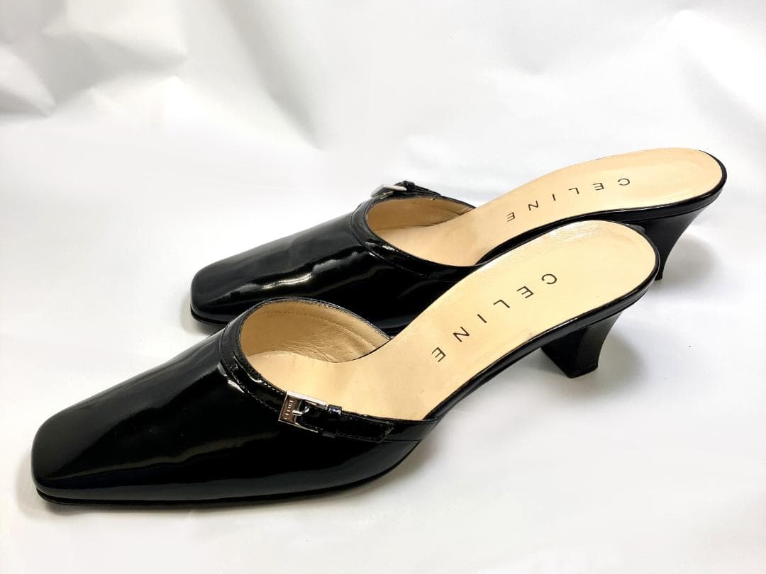 【美品】CELINE ブラック エナメル スクエアトゥ ミュール サンダル