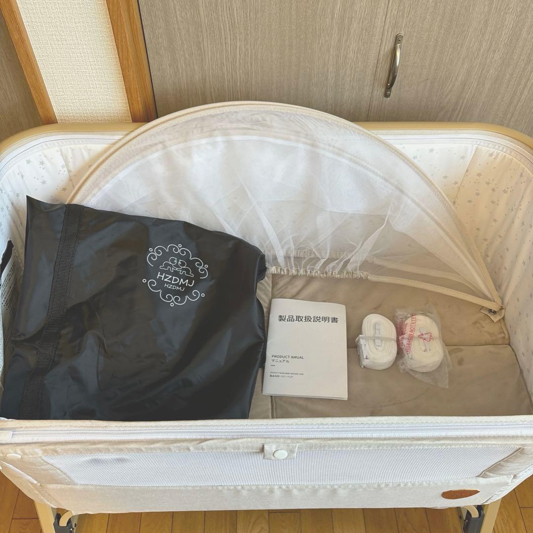 【早い者勝ち！】大人気 ミニ ベビーベッド HZDMJ カーキ 揺りかご機能付き