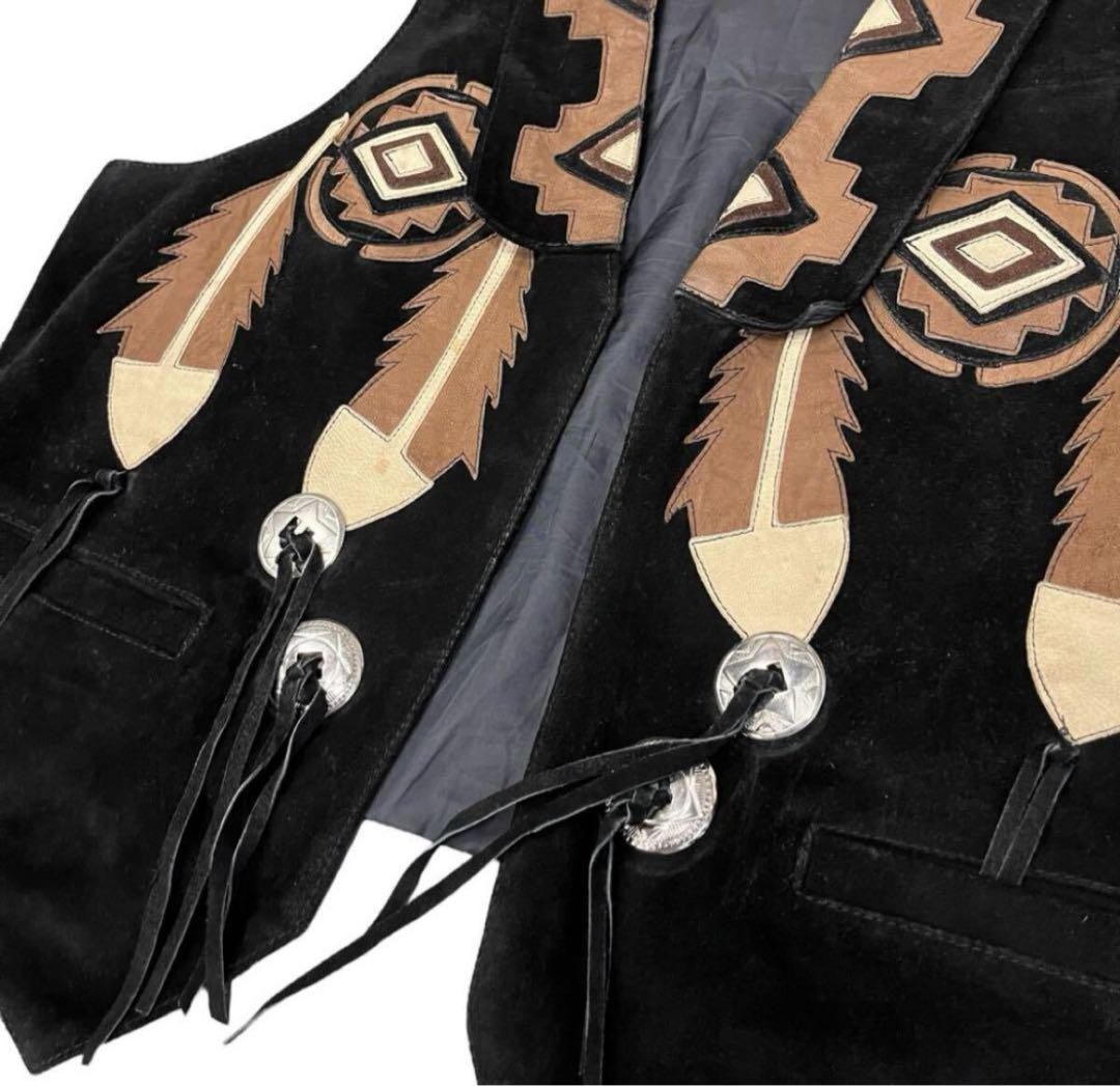 USA製 メキシカン 本革 スエード 黒 レザーベスト コンチョ × フリンジ