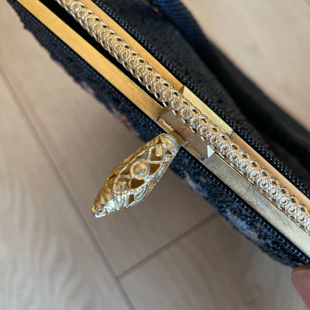 手刺繍　ビーズバッグ　ゴブラン織り 　和装　パーティーバッグ　プチポアン　がま口