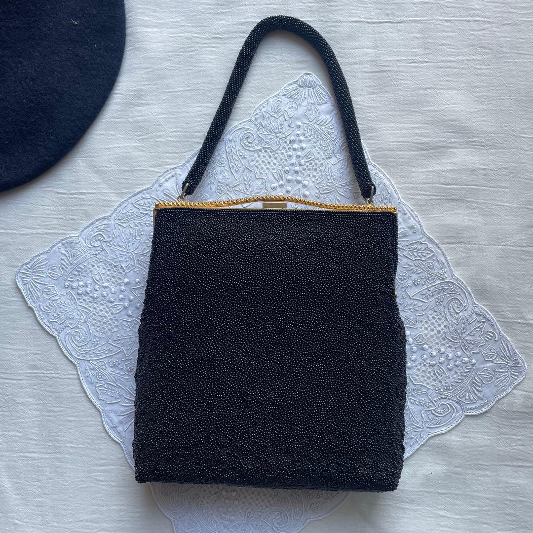 手刺繍　ビーズバッグ　ゴブラン織り 　和装　パーティーバッグ　プチポアン　がま口