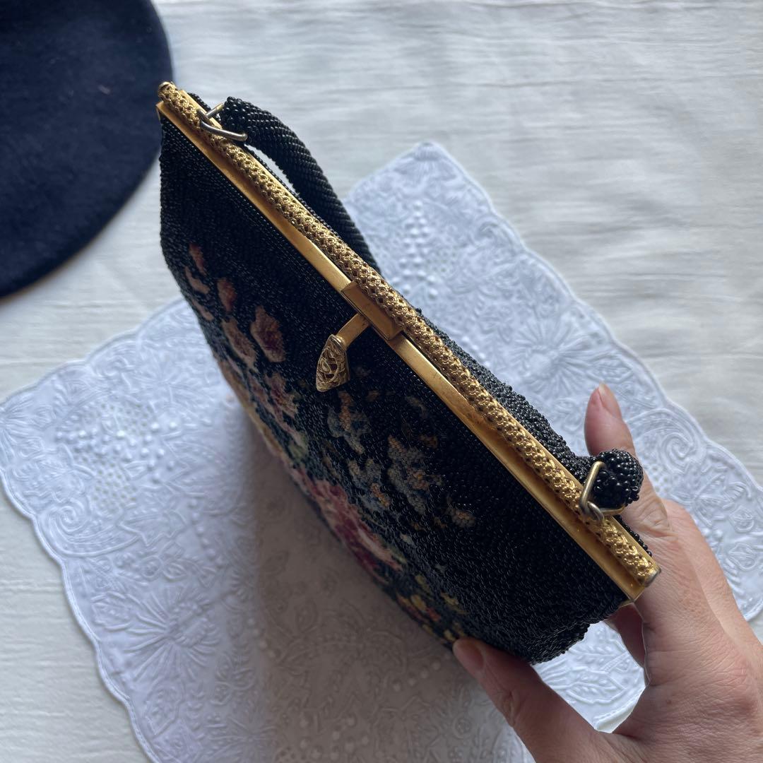 手刺繍　ビーズバッグ　ゴブラン織り 　和装　パーティーバッグ　プチポアン　がま口